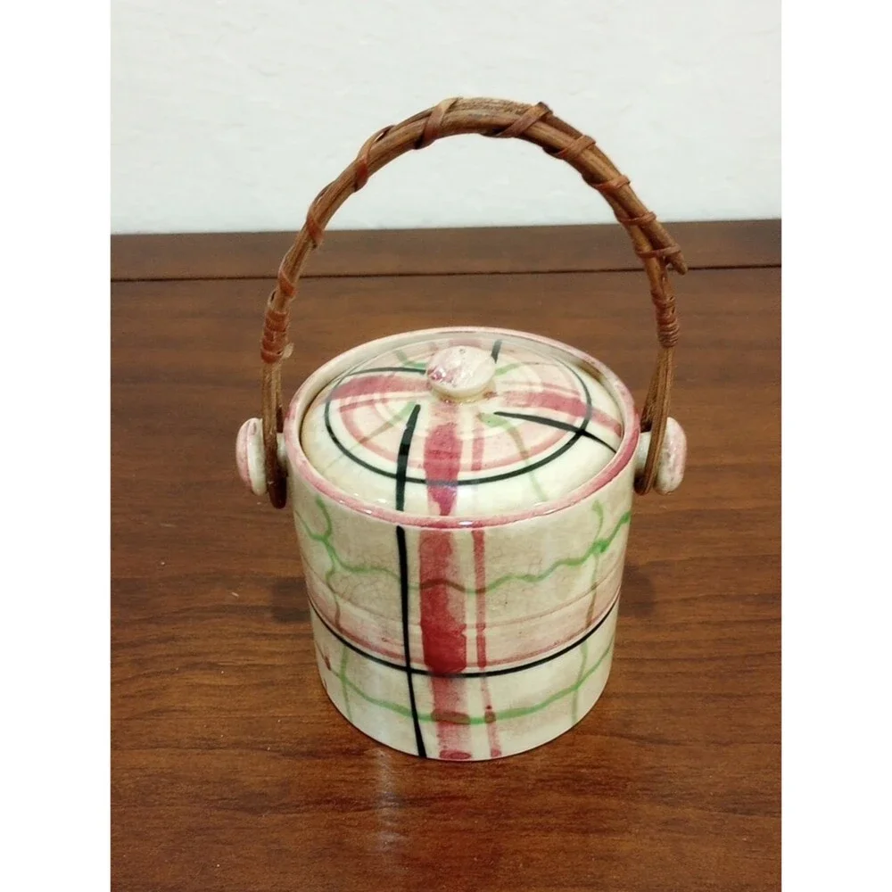 Japanese Porcelain Tea Caddy Biscuit Barrel With Woven Handle - Vintage!